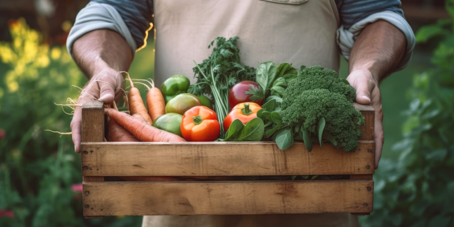 Une personne tient à deux mains un panier de bois rempli de légumes avec des carottes, des tomates rouges et du brocolis.